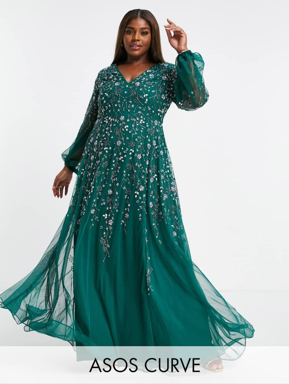 ASOS Forest Green Blouson Sleeves Embellished Evening Gown Sz. 16